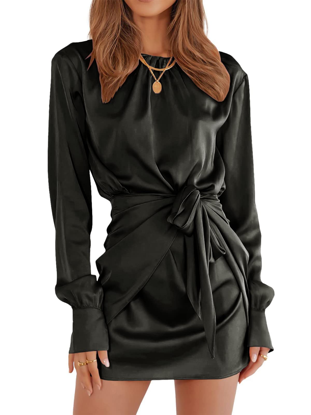 Women Casual Long Sleeve Crewneck Ruched Wrap Short Party Dress Tie Waist Satin Cocktail Dress