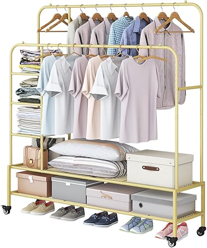 Vista 13 de SUOERNUO Perchero con ruedas para ropa, estante de ropa para colgar, estante resistente de metal con ruedas para ropa para dormitorio, armario
