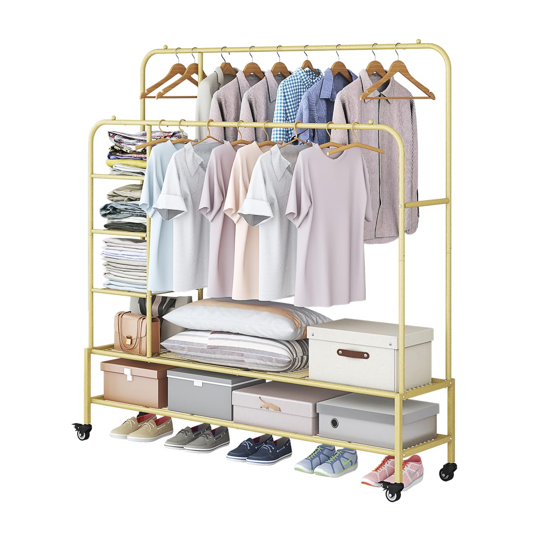 Garment Rack for Hanging Clothes Rack Heavy Duty Portable with Bottom Metal Shelf Drying Coats Shirt,Black (Gold+Double Rods+Shelf)