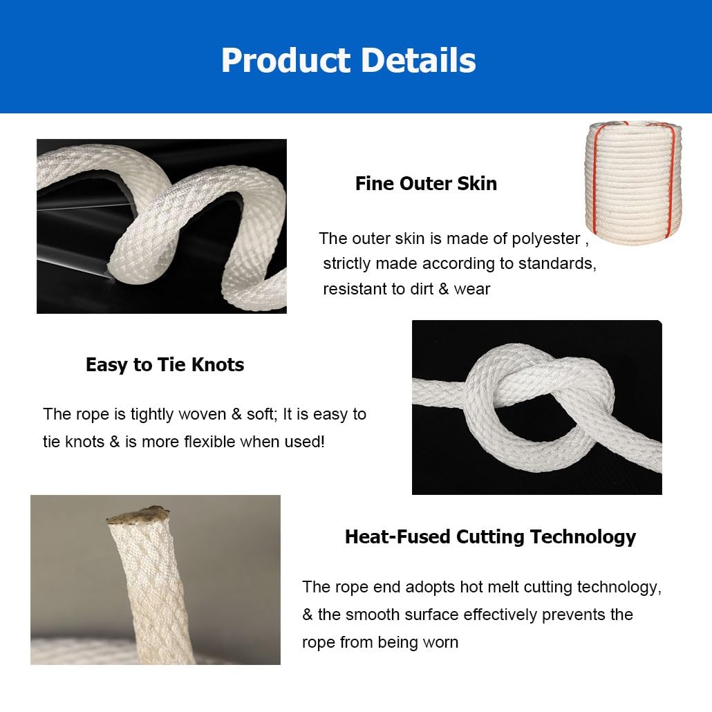 Cuerda de Aparejo, Cuerda de poliéster Trenzada Blanca de Alta Resistencia - 18 mm (0,71") x 20 m (65 pies) | Resistente al Aceite y a los Productos químicos | Duradera para Bombas sumergibl