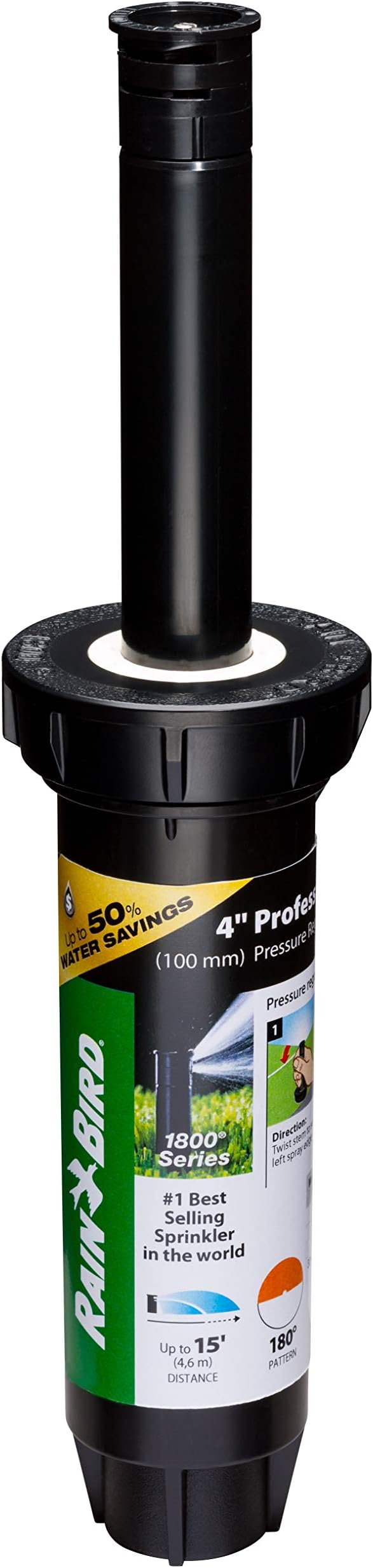 Rain Bird 1804HDSP25 Pressure Regulating (PRS) Professional Dual Spray Pop-Up Sprinkler, 180° Half Circle Pattern, 8' - 15' Spray Distance, 4" Pop-up Height