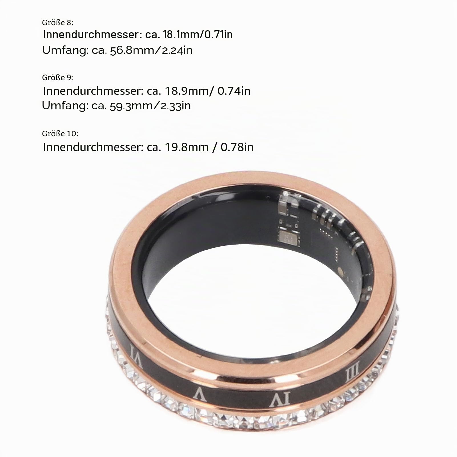 ASHATA Smart Ring Fitness Tracker, Diamond Smart Ring mit Bewegungsüberwachung, Schrittzähler, Bluetooth 5.1, Gesundheitsverfolgung Tragbar, IP68 Wassersicher, Magnetisches Ladung, Gold (8) (9) (10)