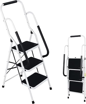 Step Ladder 3 Step Folding with Handrails, Folding Step Stool with Wide Anti-Slip Pedal, Sturdy Steel Portable Ladder, Lightweight Step Stool Foldable for Library Home Garage Office