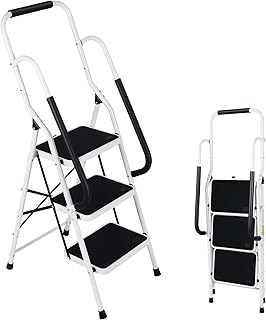 Step Ladder 3 Step Folding with Handrails, Folding Step Stool with Wide Anti-Slip Pedal, Sturdy Steel Portable Ladder, Lightweight Step Stool Foldable for Library Home Garage Office