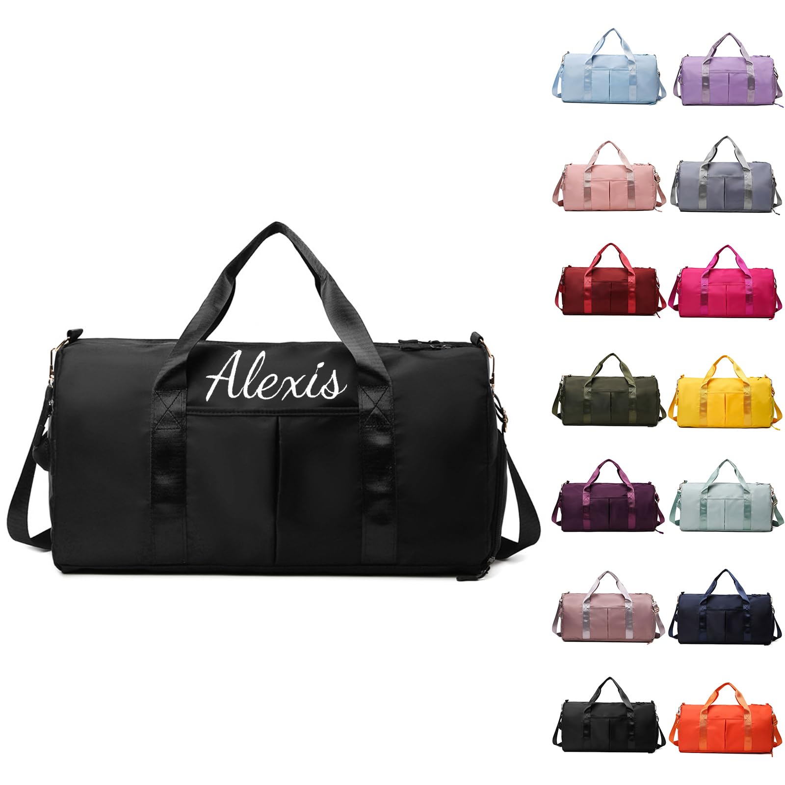 Personalized Gym Bag, Embroidered Travel Bag with Trolley Sleeve, Waterproof Sports Bag with Shoe Compartment, Duffle Bag for Women Weekender Bag Overnight Bag for Hospital and Swimming (Black)