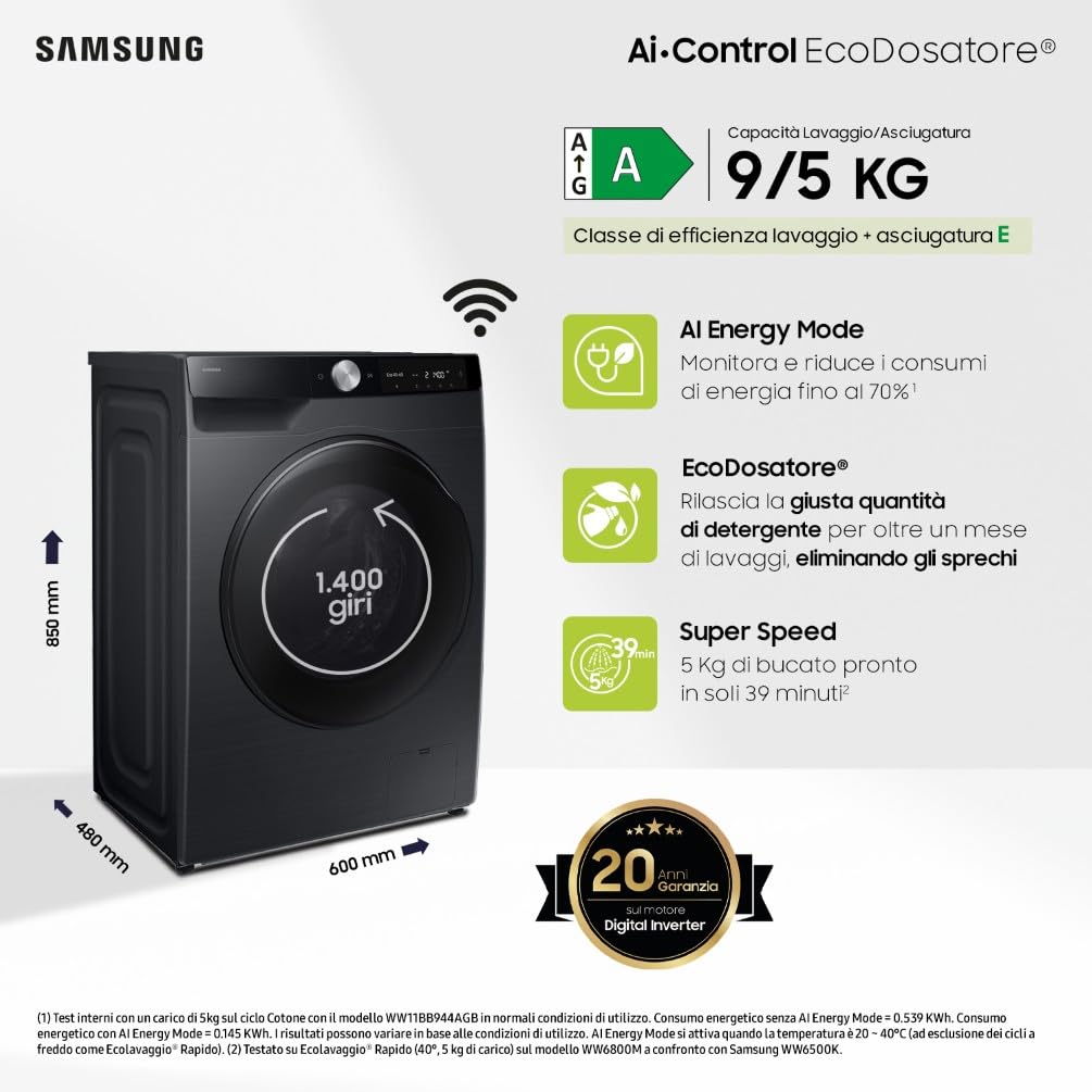 Samsung Lavasciuga Slim AI Control EcoDosatore WD90DG6G94BB, 9+5 kg, Wifi, Ecodosatore, AI Wash, Carica Frontale, 60L x 85H x 48P cm
