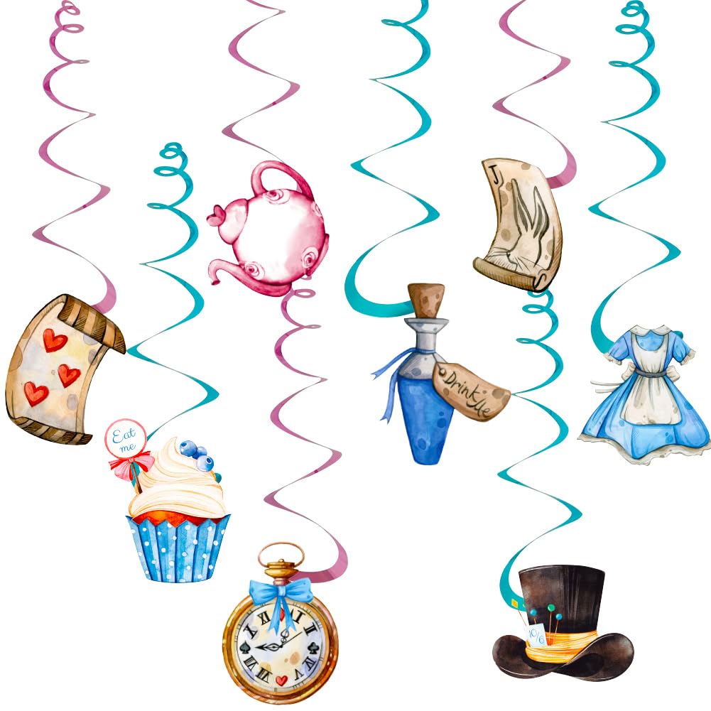 48Pcs Alice Hanging Swirl Decorations for Wonderland Theme Birthday Party,  Alice Banner Alice Foil Swirls Ceiling Party Supplies,Baby Shower, Girl
