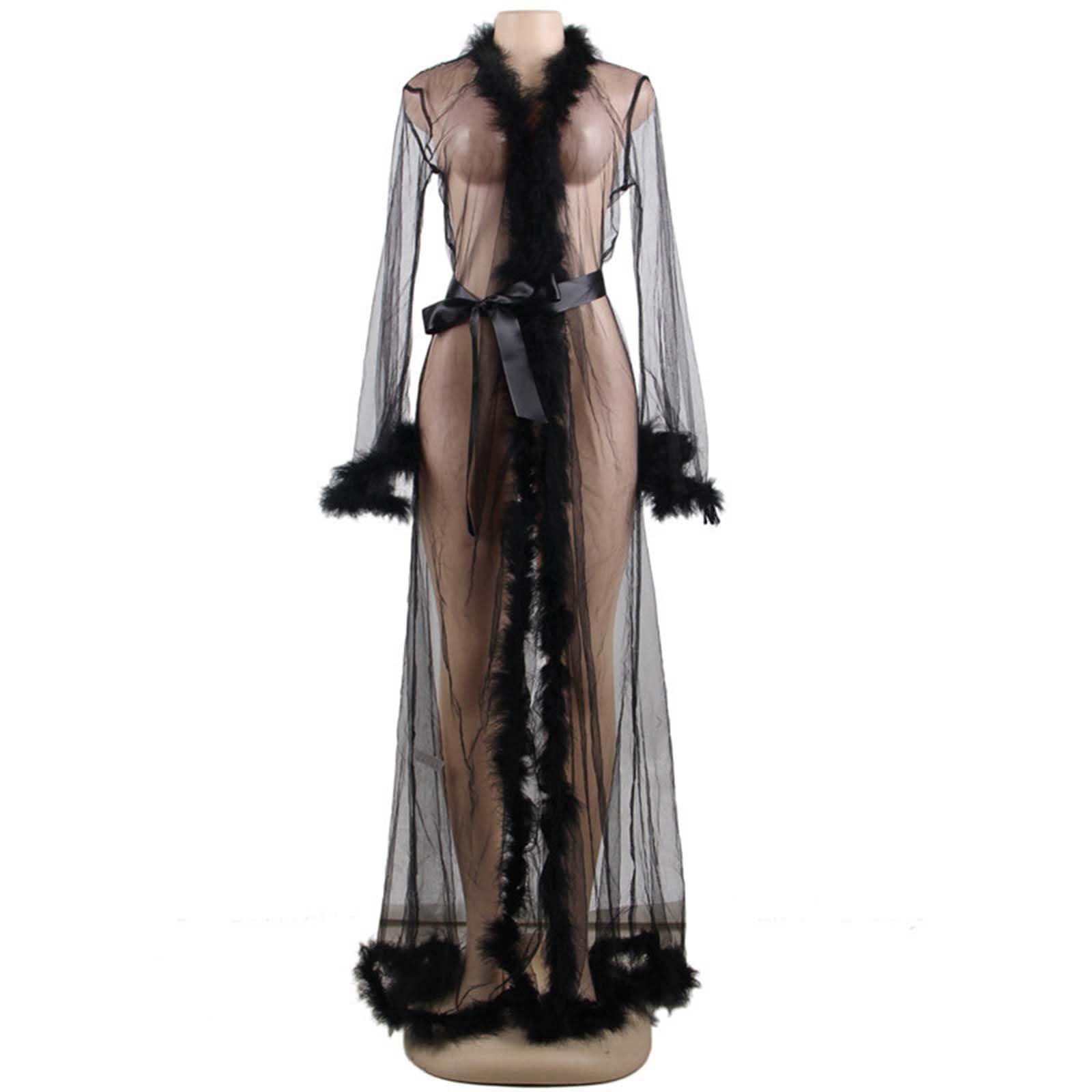 Mujer Vestido Kimono Largo Transparente Lenceria Bata de Encaje Larga Malla Camisón Pareos Cover Up Bikini Playa Encubrir Vestidos Ropa de Dormir Bata Cardigan con Cinturón,A,XL