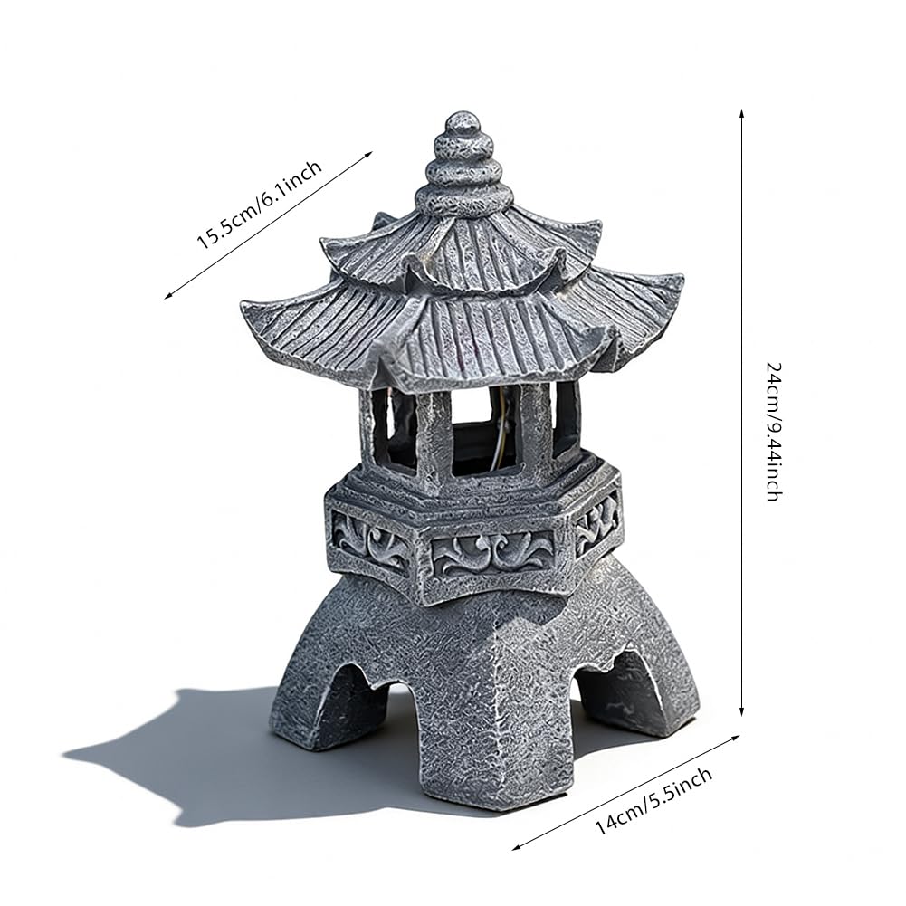 Lanterna in pietra giapponese da giardino, altezza 24 cm, lanterna solare a pagoda, lanterna da giardino giapponese in resina con illuminazione a LED solare per interni ed esterni, decorazione da