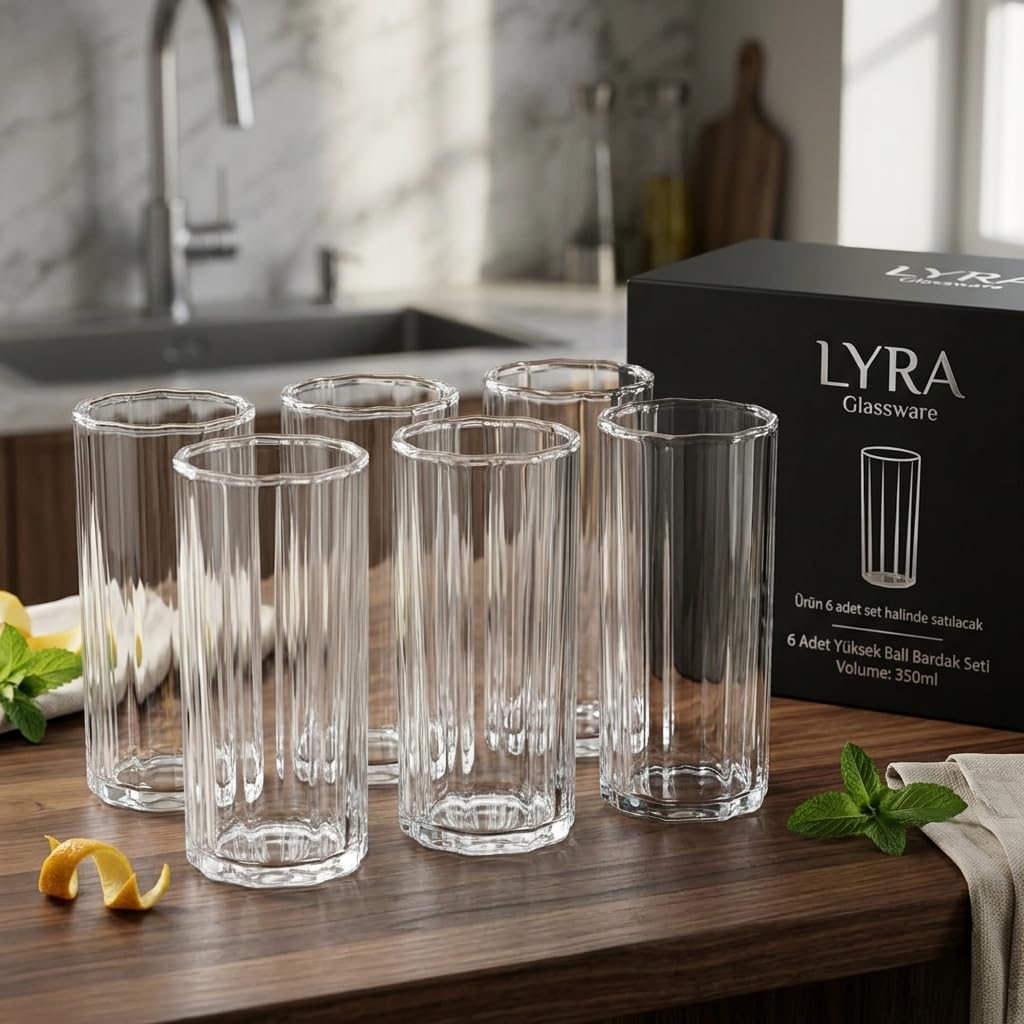 Deconox 6'lı Borosilikat Cam Bardak Seti - Isıya Dayanıklı Dikey Çizgili Su, Meşrubat ve Kahve Bardağı (360 ml)