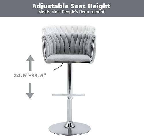 Miniatura 6 de HEAH-YO Juego de 2 taburetes de bar giratorios, taburetes de bar ajustables de altura de mostrador con respaldos tejidos y base plateada, taburetes
