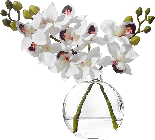Artificial White Orichid Artificial Flowers in Clear Glass Water‑Filled Vase – Silk Fake Plants Table Centerpiece for Home, Shelf, Office & Dining Decor, Maintenance‑Free