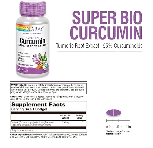 Miniatura 3 de SOLARAY Super Bio Curcumin 250mg  Extracto de raíz de cúrcuma, 95% curcuminoides  Apoyo saludable para las articulaciones y más  30 cápsulas blandas