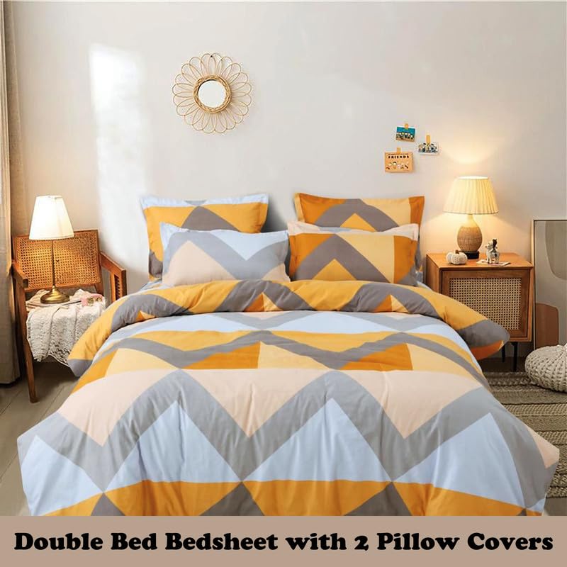 Image of Polycotton Double Bed Bedsheet, Flat Sheet with 2 Pillow Covers, Queen (90x100 inch), 300 TC, Yellow & Grey, Set of 3