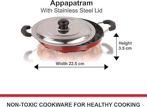 Miniatura 3 de Priya Heavy 12 cavidades antiadherentes Appam Patra con tapa inoxidable, rojo (PaniyarrakalPaniyaramAppam PanMakerPan Cake Maker), aluminio (negro
