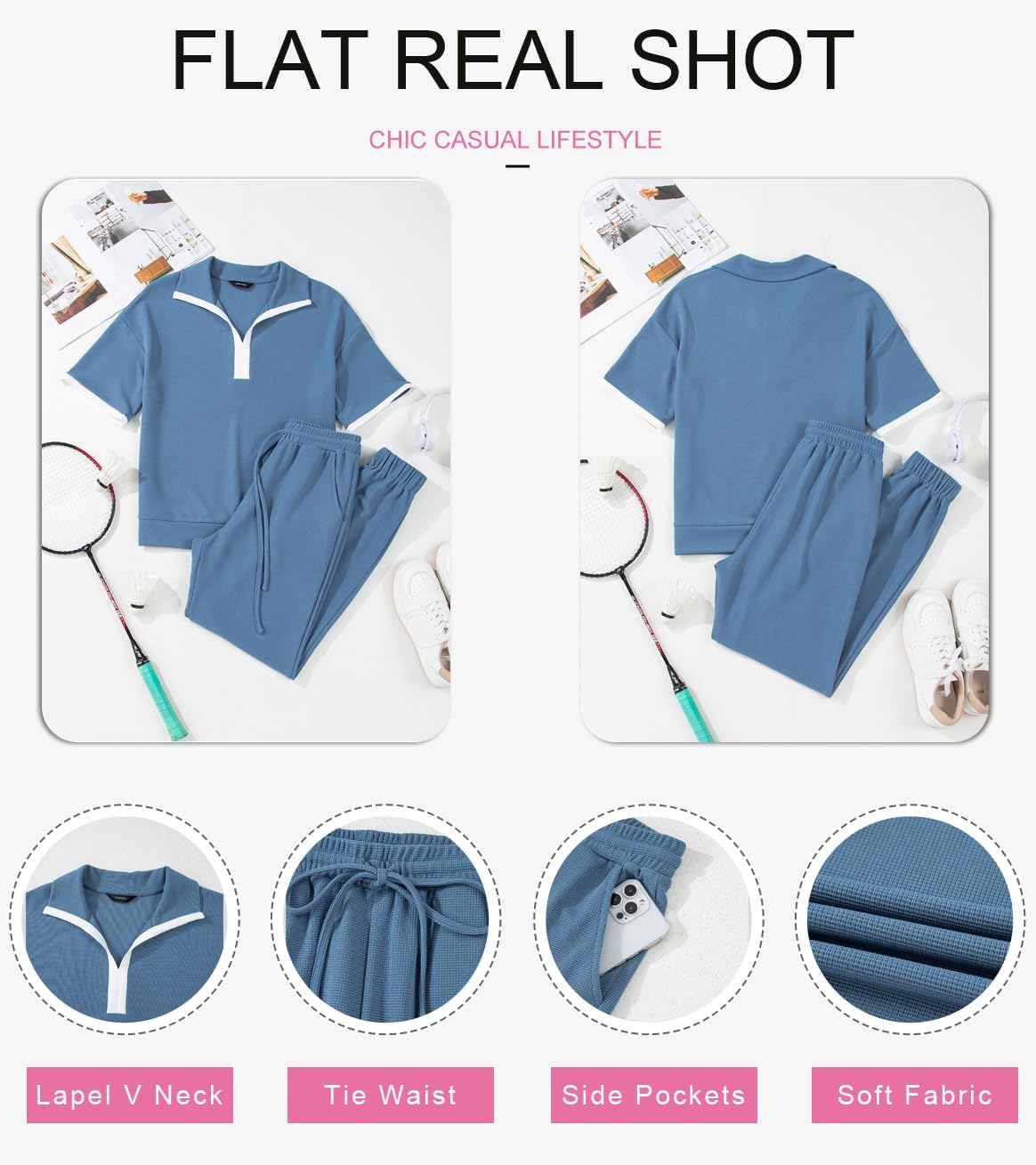 Dokotoo 2 Piece Sets for Women Summer Lapel V Neck Short Sleeve Tops Long Pants Tracksuit Lounge Jogger Set with Pockets - Image 3