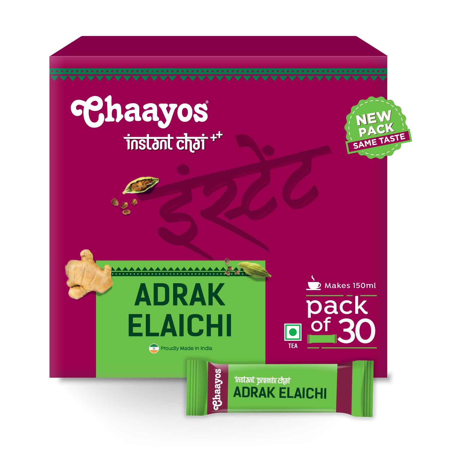 Chaayos Instant Tea Premix - Adrak Elaichi Flavour - Regular Sugar (22g * 30 sachet) (Makes 150ml), Ginger Powder, Eliachi Powder, Premix Tea, Desi Chai
