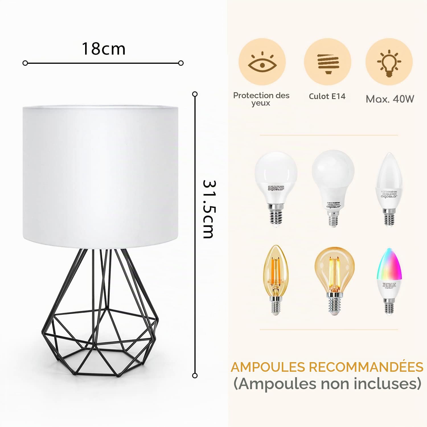 Aigostar - Lampe de Table de Style Rétro Industriel, Culot Fin E14. Lampe de Chevet Décorative avec Base en Métal et Abat-jour Blanc, Idéale Décoration Chambre Salon