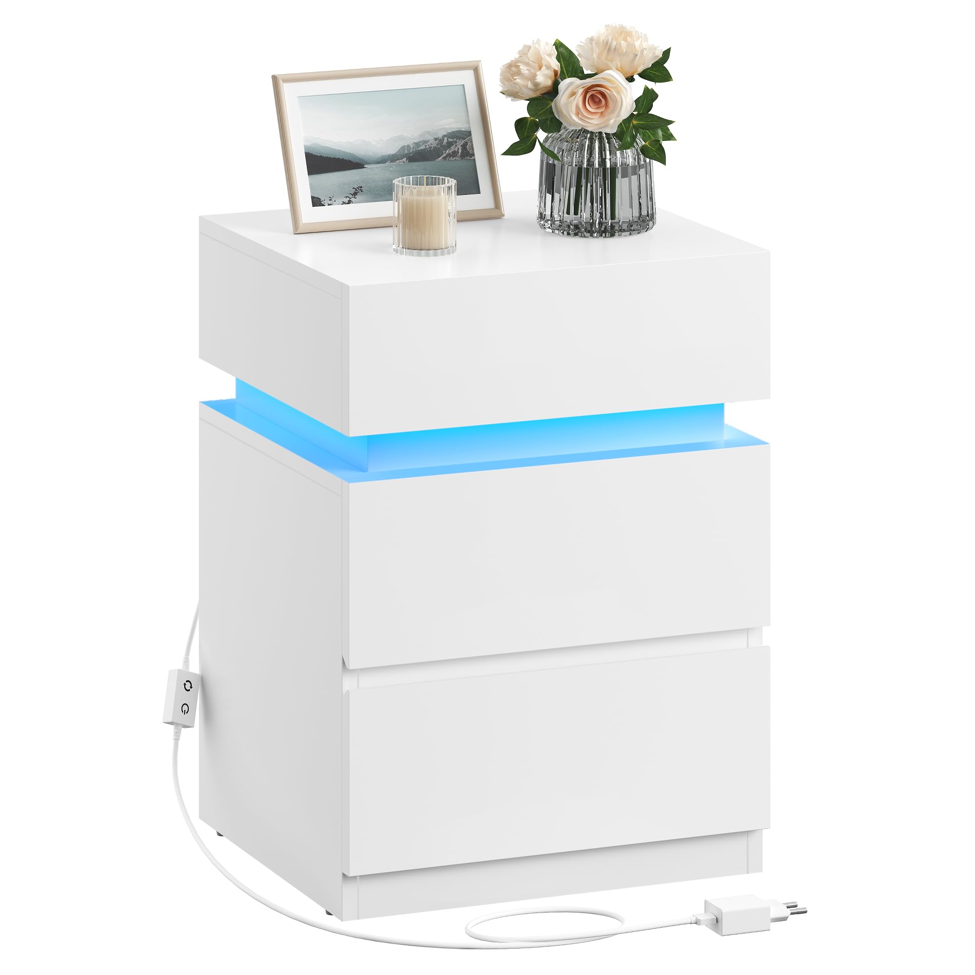VASAGLE Kailyn Collection - Table de Chevet, avec Bande LED Multicolore Réglable, 3 Tiroirs, Table d'Appoint de Style Moderne, 35 x 40 x 55 cm, Blanc Nuage LET630T10