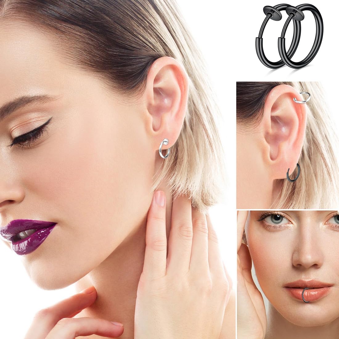 4 Paia di Orecchini Clip Magnetici in Acciaio Inossidabile Senza Buco per Uomo, Donna - Design da Uomo con Cerchi Piccoli per Orecchini Finti Non Piercing, Nero e argento