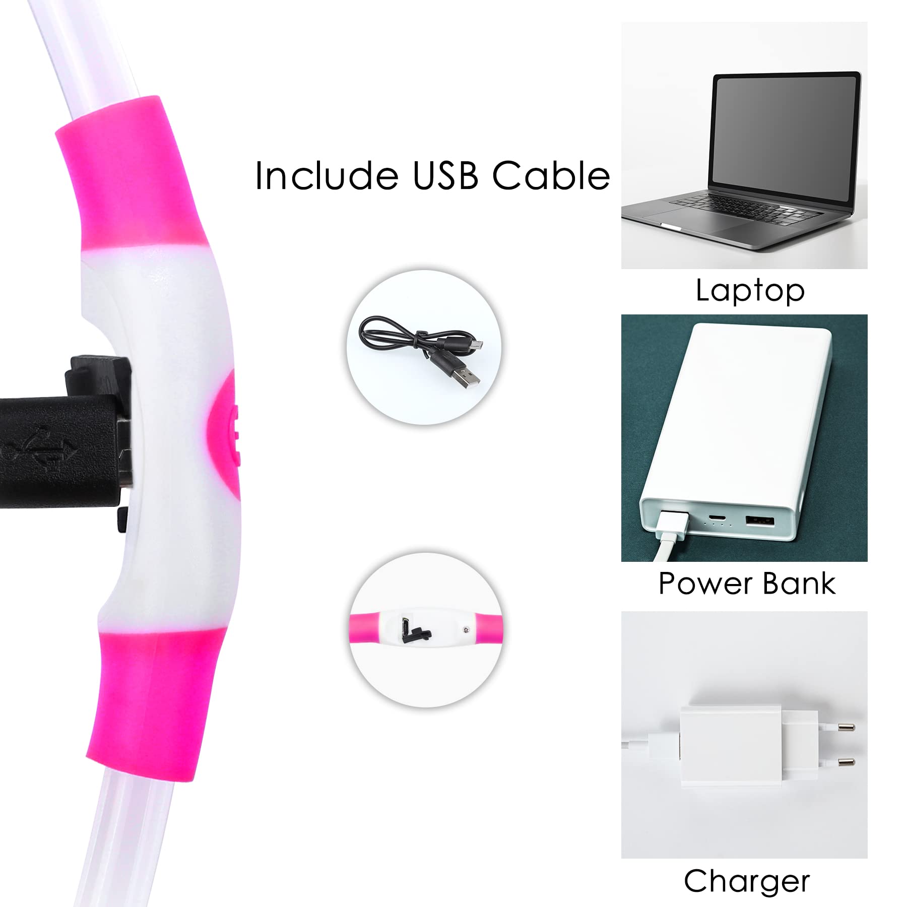 Coolzon Collare Luminoso per Cani USB Ricaricabile, Collare Cane Luminoso Impermeabile con 3 Modalità Di Luce, Regolabile Collare LED per Cani Gatti Taglia Piccola Media Grande, Rosa
