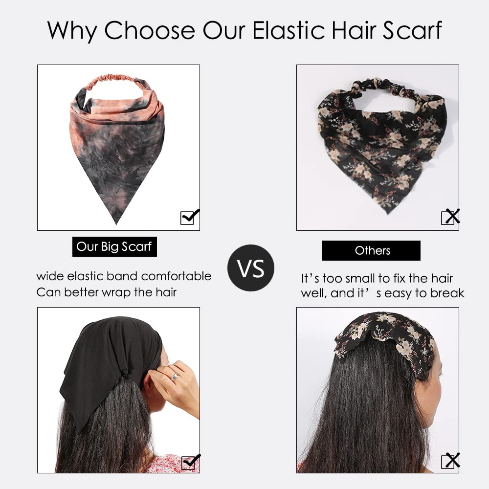 Paquete de 6 pañuelos para el pelo para mujer, pañuelo elástico para el cabello, estilo bohemio, triángulo grande, pañuelo para la cabeza con clips, antideslizante, teñido anudado, bufandas para niñas