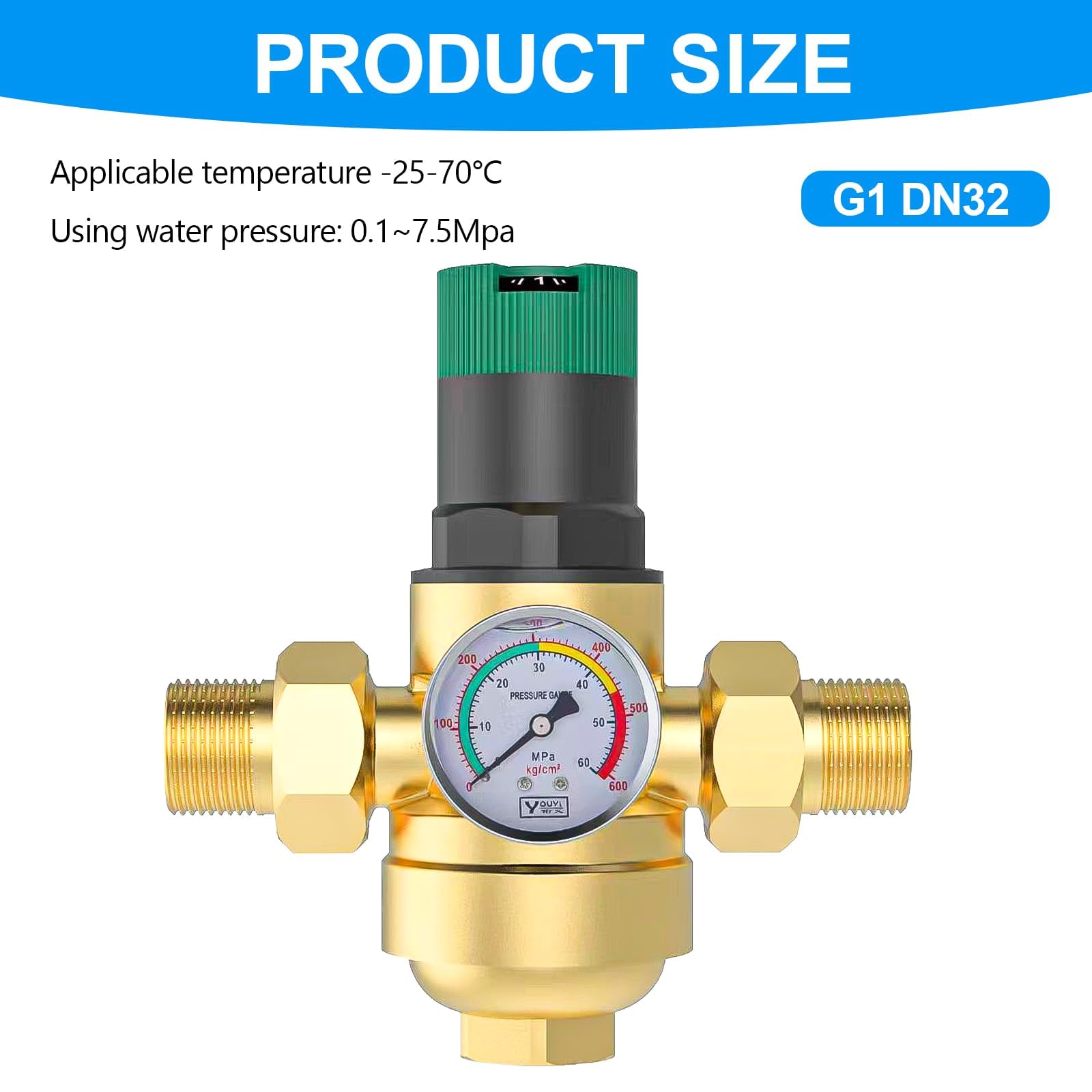 1 Pouce Reducteur de Pression Eau, Limiteur de Pression Avec Manometre Pression Eau Et Filtre à Mailles, RéDucteur de Pression D'Eau En pour Robinets D'Irrigation de Jardin de Chauffage au Gaz
