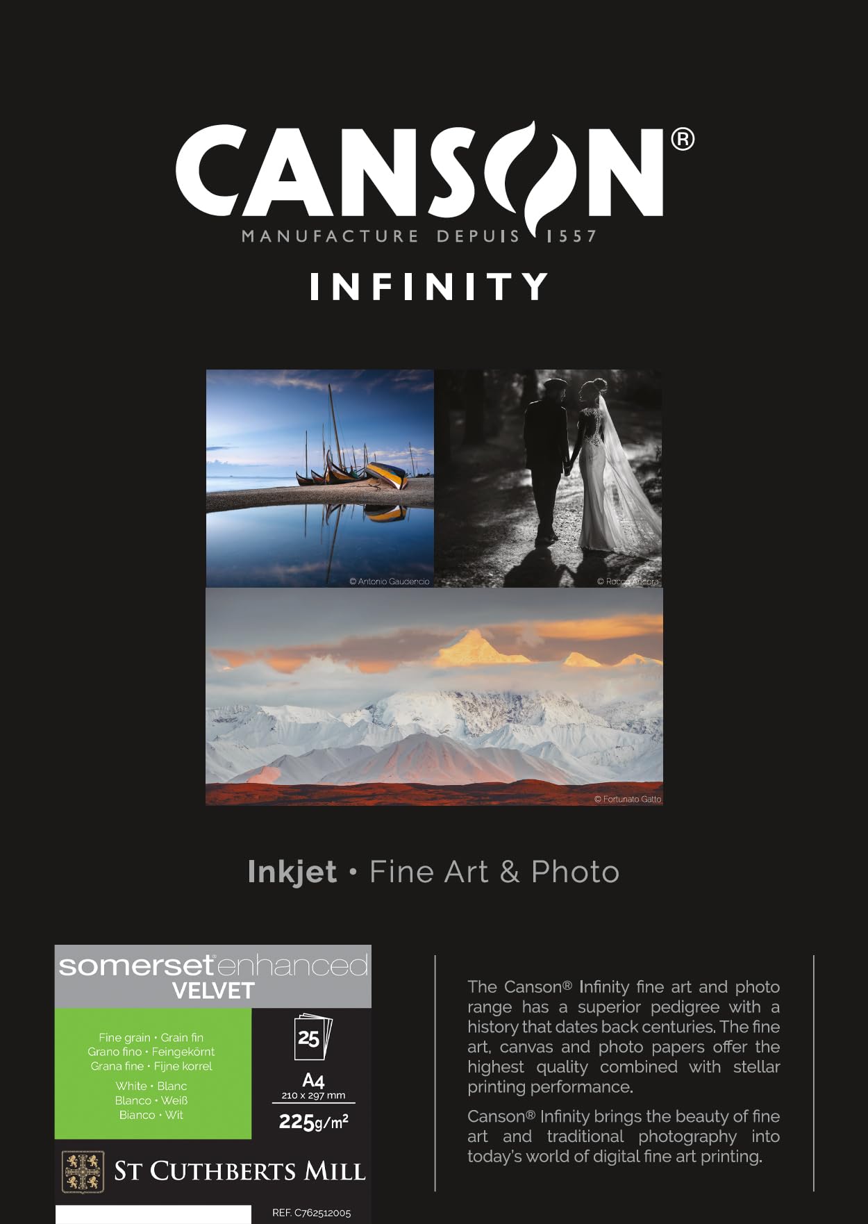 Canson Infinity Somerset Enhanced Velvet White, Digital Photo Paper, Soft Grain, 225, 83, Box, A4-21 x 29.7 cm, Printed Cardboard Box, White, 25 Sheets