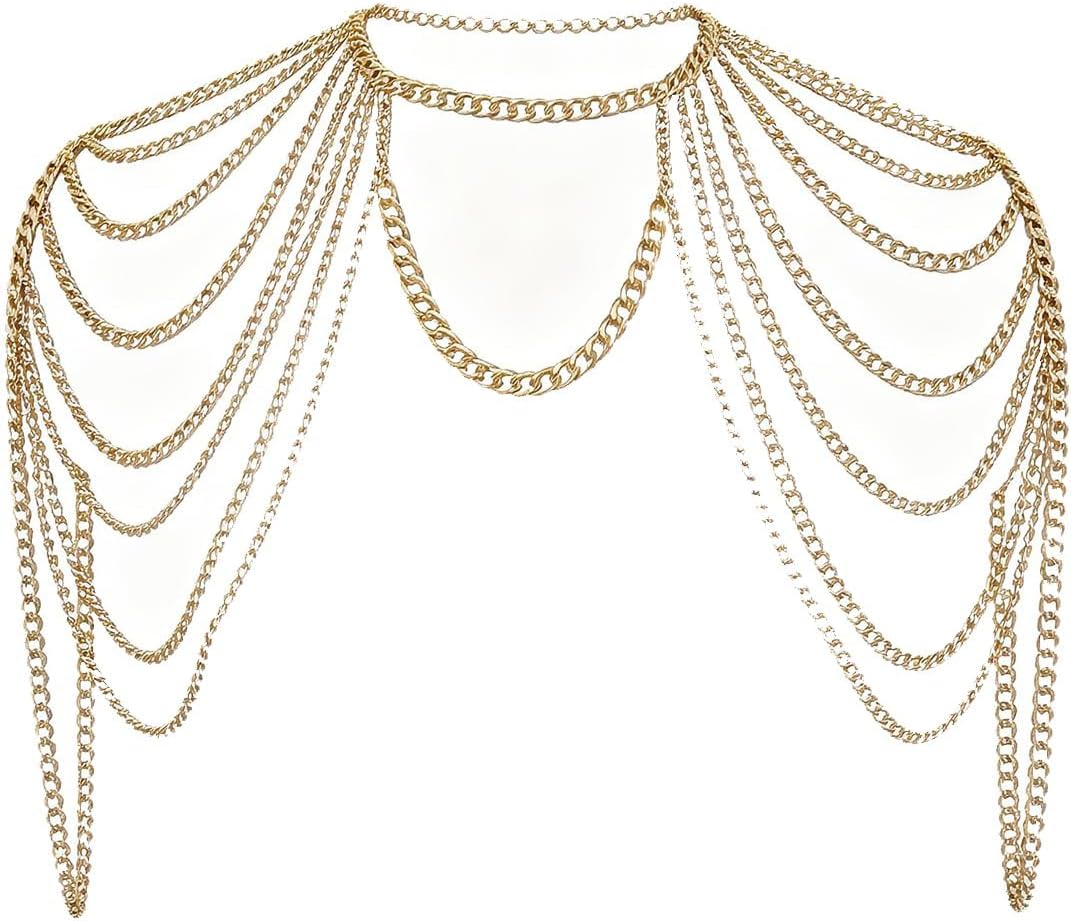 Gold Punk Shoulder Chain Necklace Jewelry Sexy Arm Chain Festival Rave Multi-layered Shoulder Body Chain Bikini Tassel Body Jewelry for Women