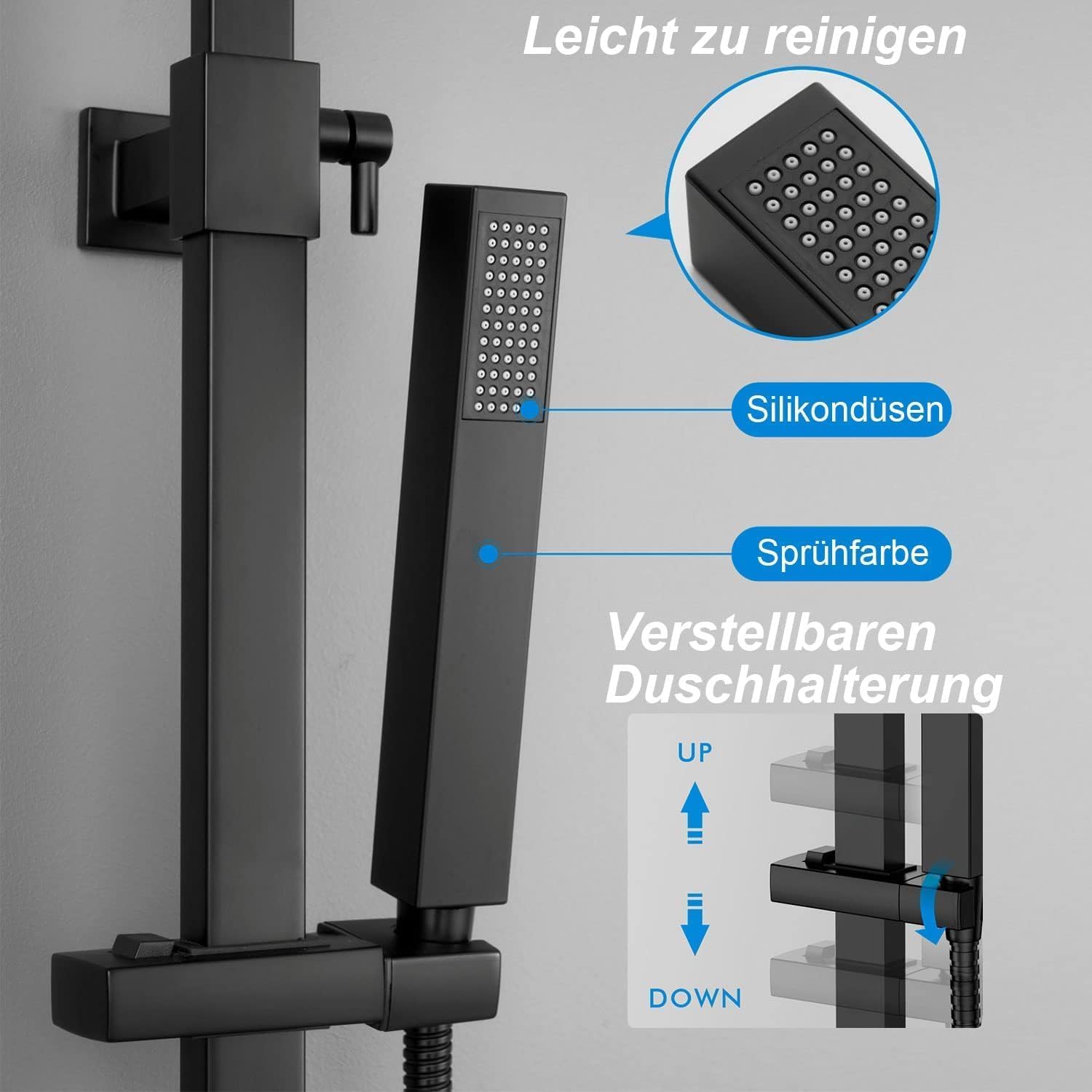 YOOZENA Duschsäule Schwarz – Mit Wasserhahn, Regendusche & Höhenverstellbarer Stange (85-121 Cm)