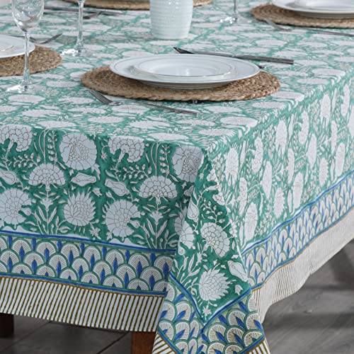 Ridhi Turquoise Green, Old Moss Green Indian Floral Hand Block Printed Cotton Cloth Tablecloth, Table Cover, Farmhouse Thanksgiving Christmas (Turquoise Green, Old Moss, 10 Seater 80X120 Inches) #TOP2