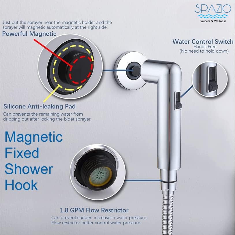 Image of SPAZIO Chrome Magnetic Health Faucet /Bidet Sprayer /Jet Spray for Toilet & Bathroom with 1 Meter Shower Tube & Magnet Holder - Pack of 1