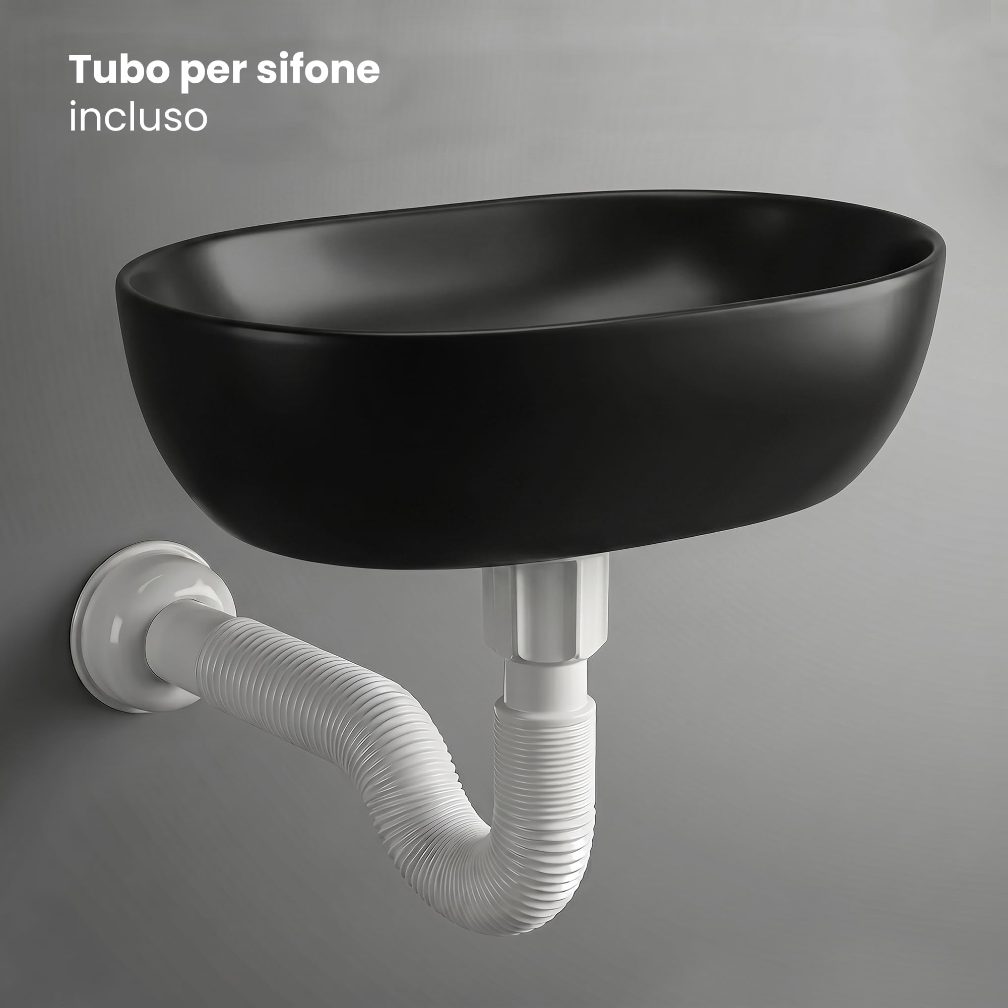 AKORD Lavabo da Appoggio Ovale in Ceramica ELIPSE - Lavandino Bagno Moderno 49 x 34,5 x 13,5 cm, Nero Opaco