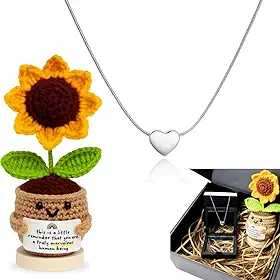 Kit Presente Feminino Colar Prata em Aço Inox Pingente de Coração + Porta Joias em Caixa Luxo Elegante + Girassol em Crochê Crochet Pronto Presentear Delicado Aniversário Dia das Mães Natal Namorados