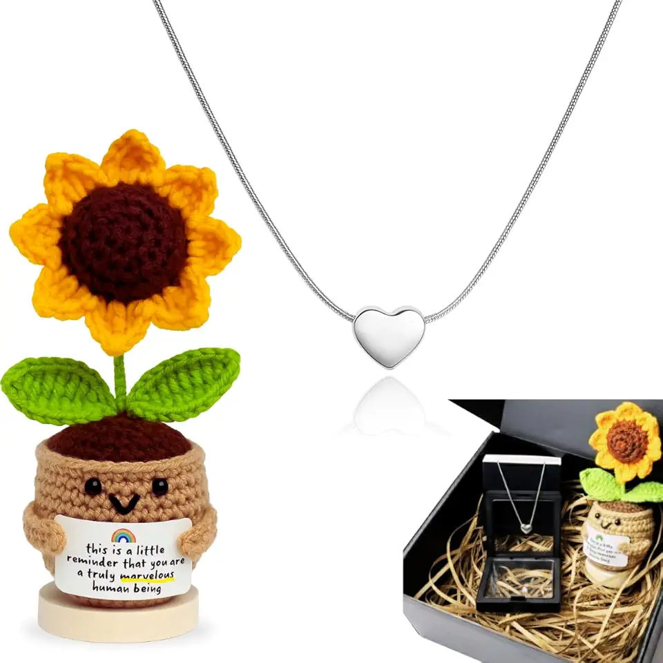 Kit Presente Feminino Colar Prata em Aço Inox Pingente de Coração + Porta Joias em Caixa Luxo Elegante + Girassol em Crochê Crochet Pronto Presentear Delicado Aniversário Dia das Mães Natal Namorados