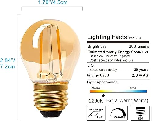 Miniatura 3 de Panledo - Bombillas LED Edison vintage de 2 W, bombilla de filamento LED globo, luz ultra cálida de 2200 K, base media E26, vidrio ámbar A15, tinte