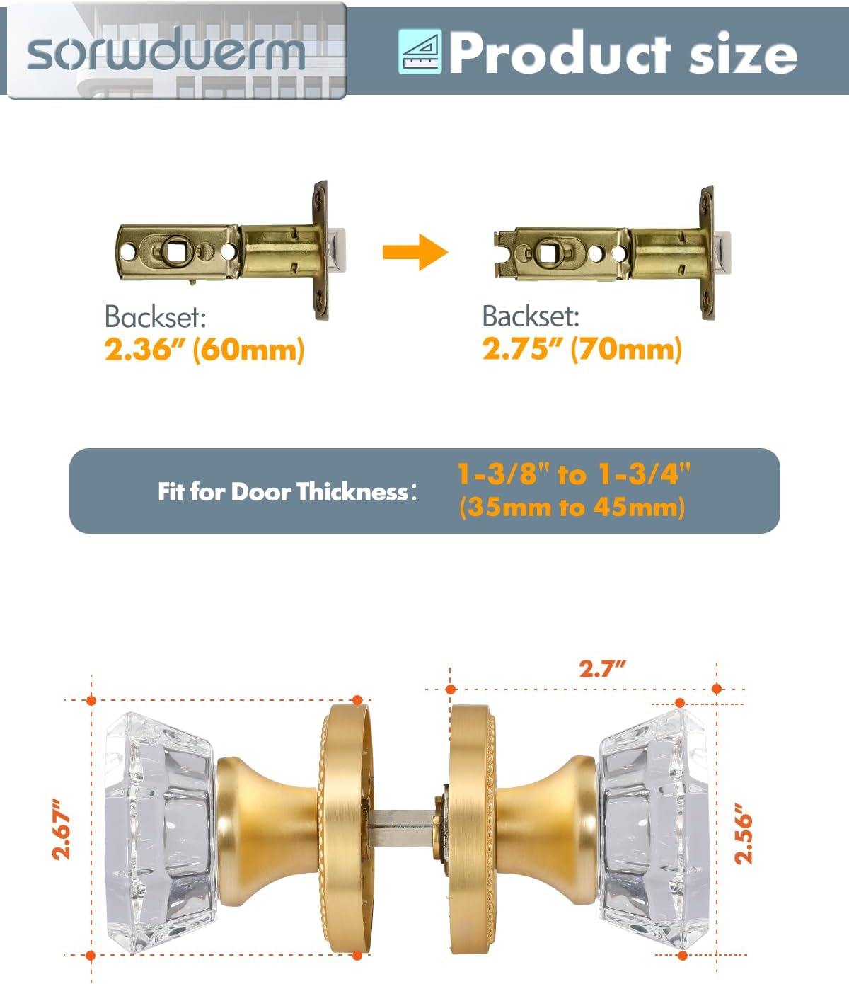 Gold Door Knobs Crystal Door Knob Brushed Gold Passage Door Knobs Glass Satin Brass Interior Door Knob for Hall and Closet 1 Pack