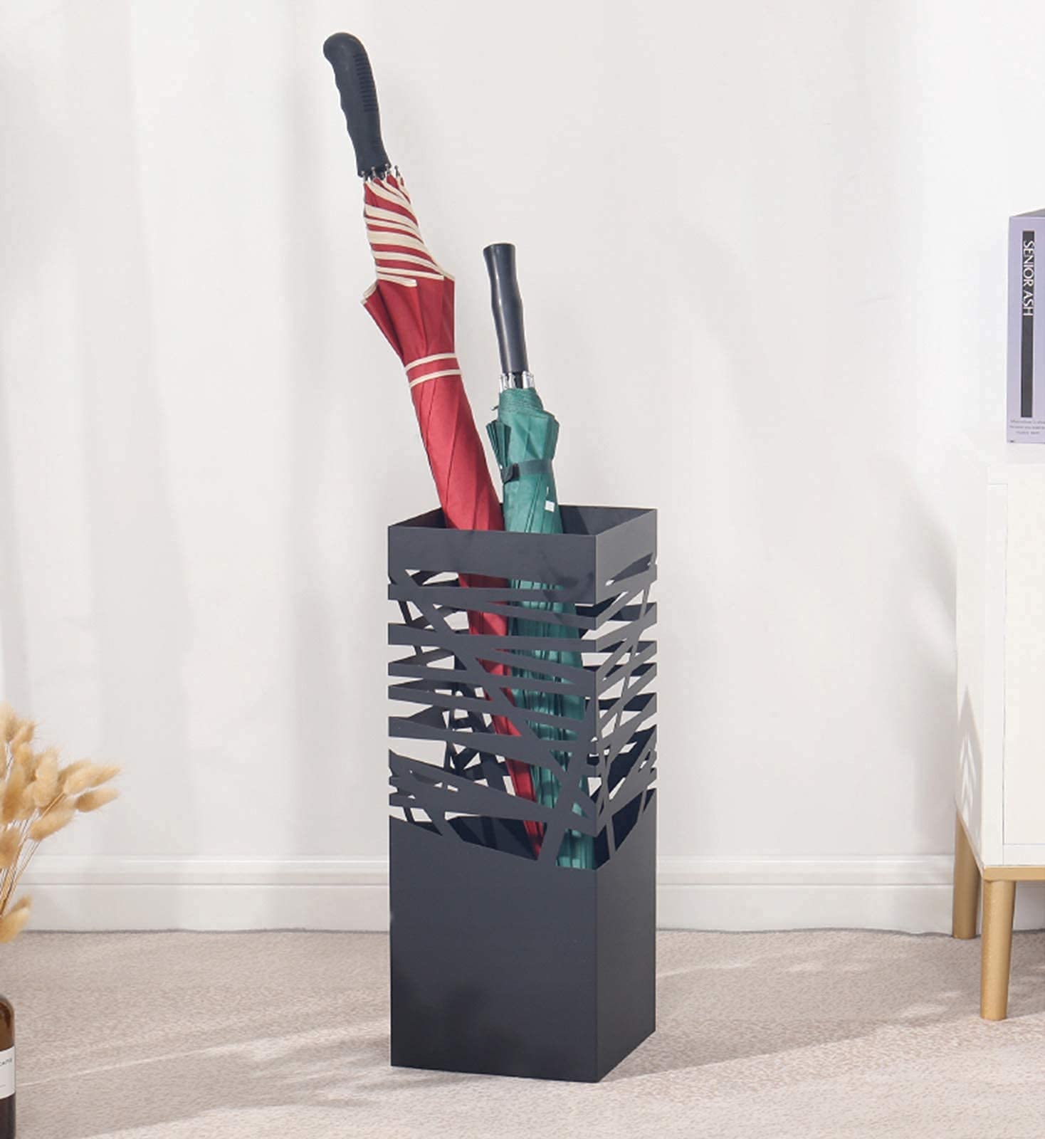 Sywlwxkq Umbrella Stand Rack,Umbrella Stand Square Wrought Iron,Hollowout Barrel,Umbrella Barrel,Storing 17 Umbrellas,Black