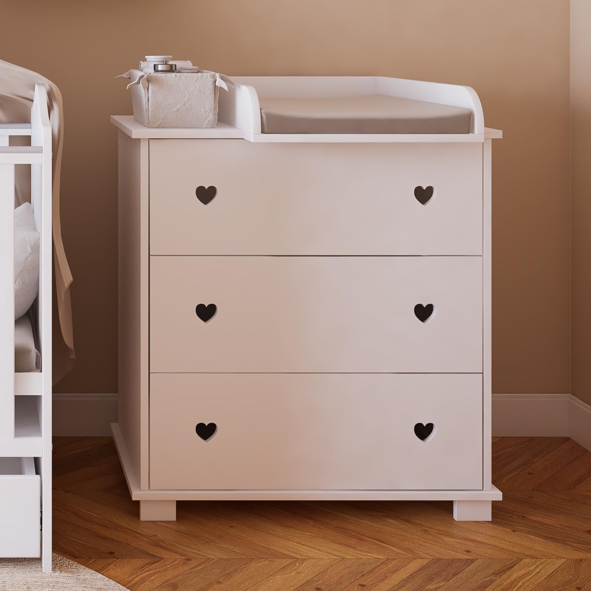 zee Cassettiera Fasciatoio Neonato 83 x 87 x 49 cm Bianca Fasciatoio Rimovibile 3 Cassetti Comò Cameretta Bambini Design Cuore