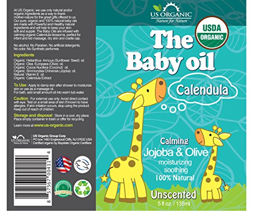 Us Organic Baby Oil With Calendula, - Jojoba And Olive Oil With Vitamin E, Usda Certified Organic, No Alcohol, Paraben, Artificial Detergents, Color, Synthetic Perfumes, 5 Fl. Oz (Pure Unscented) #TOP1