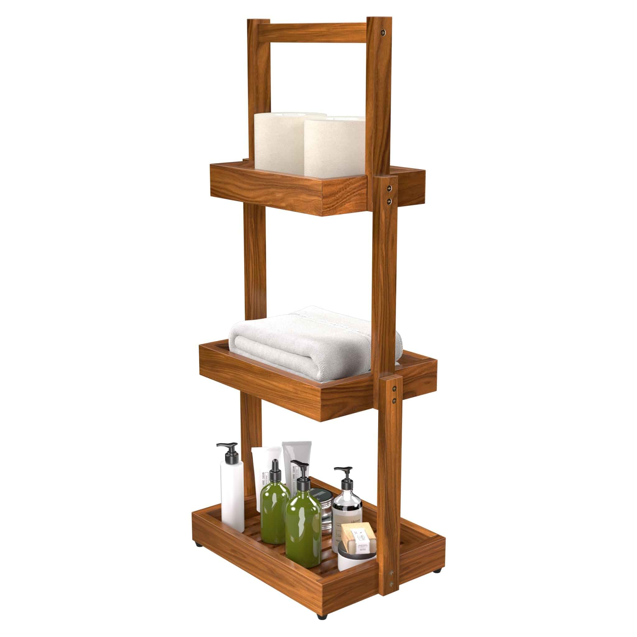 Teak Shower Shelf Bathroom Organizer - 3 Tier Multipurpose Shower Caddy, Non-Slip Base, Rustproof Durable, Standing Towel Rack Toilet Paper Roll Holder
