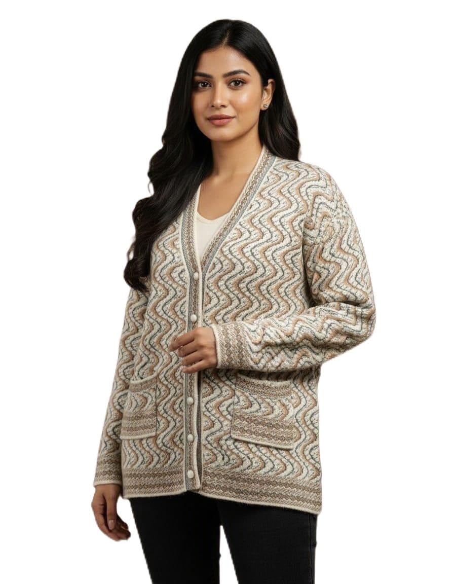 Women Sweater for Winter Woolen Acrylic Full Sleeves V-Neck Fashion Design Cardigan Sweater for Women Winter Woollen Stylish(Jackard;XXL) Off White-image-47