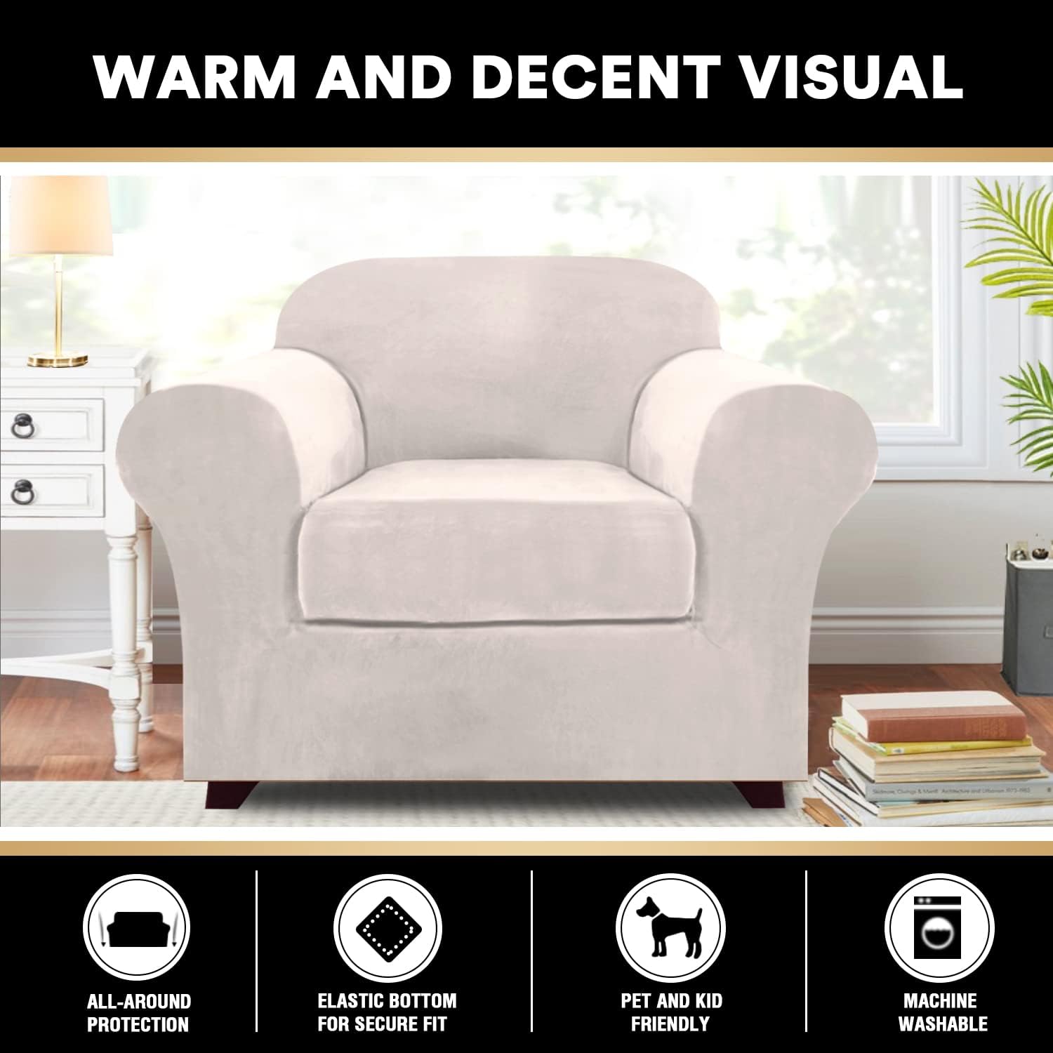 PrinceDeco 2 Piece Chair Cover Bundle Velvet Plush Ottoman Cover, Ivory
