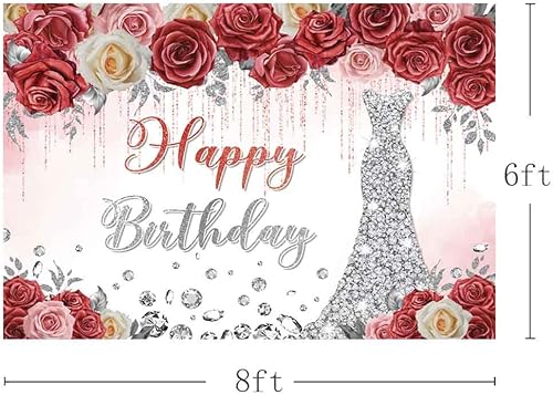Miniatura 3 de Telón de fondo de feliz cumpleaños de 8 x 6 pies, vestido plateado floral rojo, fondo de fotografía, goteando purpurina de cristal plateado,