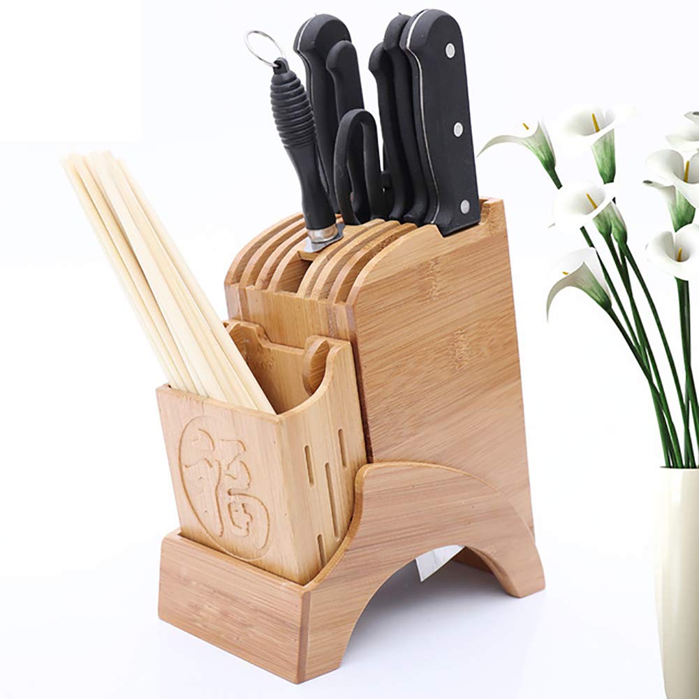 Universal Bamboo Knife Block Rest Rack Knives Storage Universal Knife Block Bamboo Knife Holder Stand Organiser with Slots for Scissors