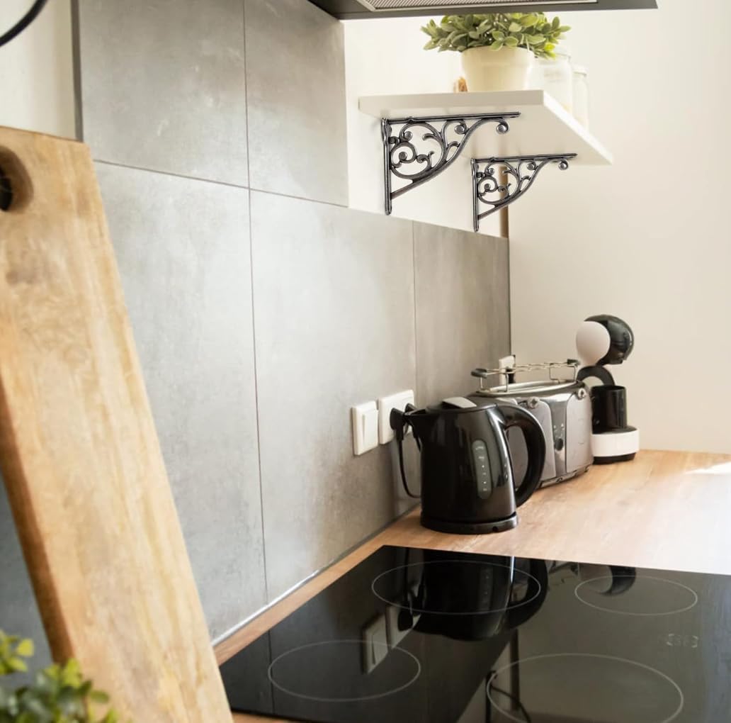 Shelf Brackets 4 Inch 4 Pack Heavy Duty Antique True Silver Wall Bracket Victorian Kitchen Decorative Rack Shelves, Shelf Bracket Available in 8 finishes. (4, Antique True Silver)