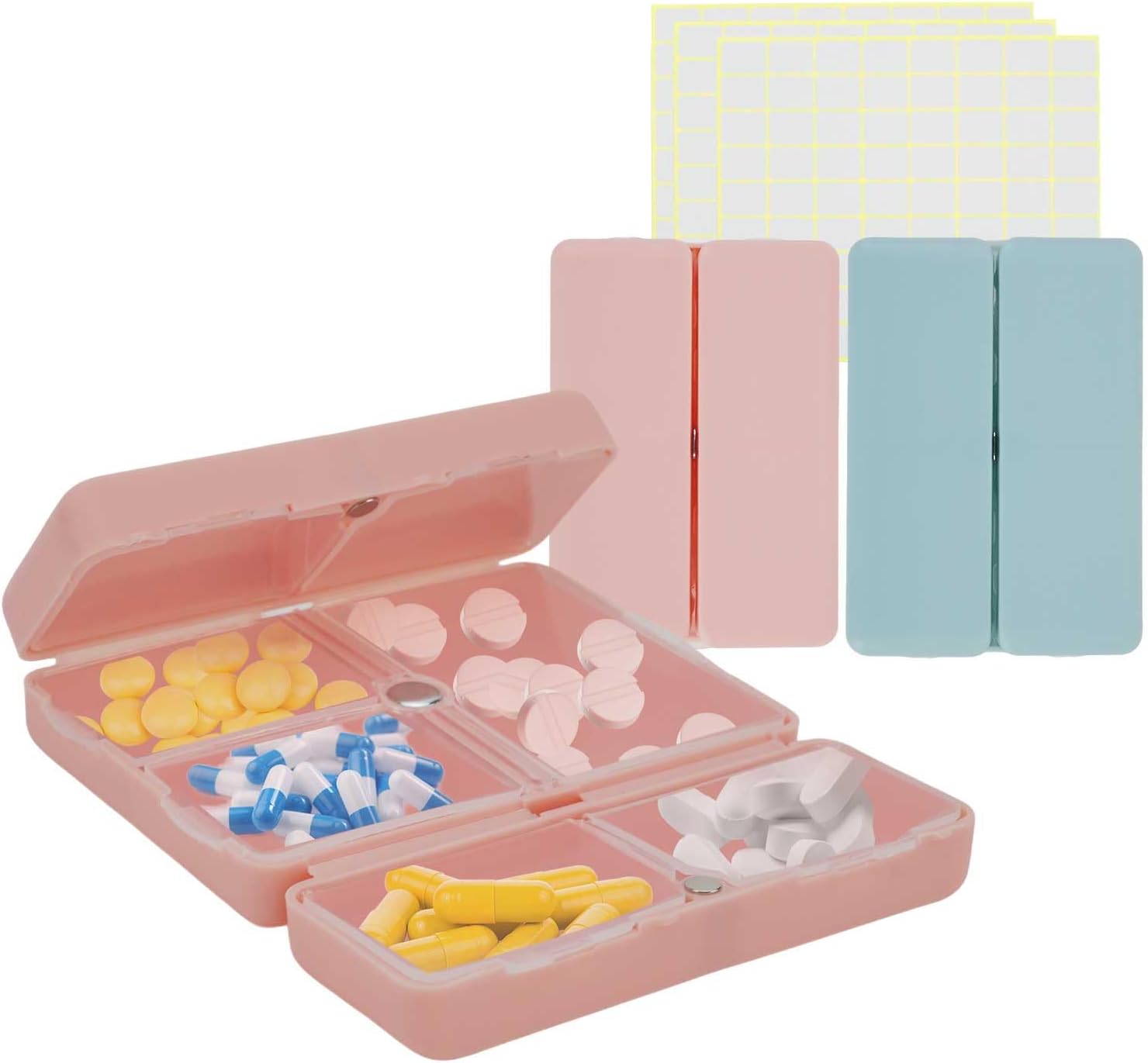 JEPELUS 2 Pack Travel Pill Organizer with Labels, 7 Compartments Moisture Proof Medicine Organizer Pill Box for Purse, Portable Medication Travel Case for Daily Vitamin Supplements(Pink/Blue)