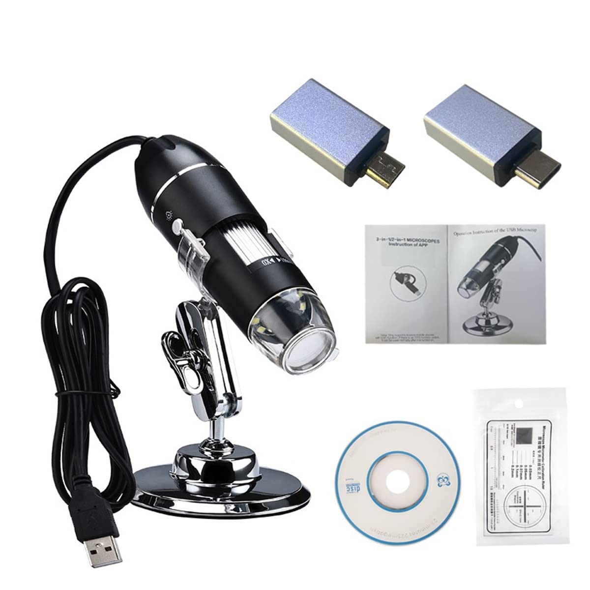 Microscope 1000 1600x USB Digital Microscope Camera 8LED Magnifier with Metal Stand(1000X Set)