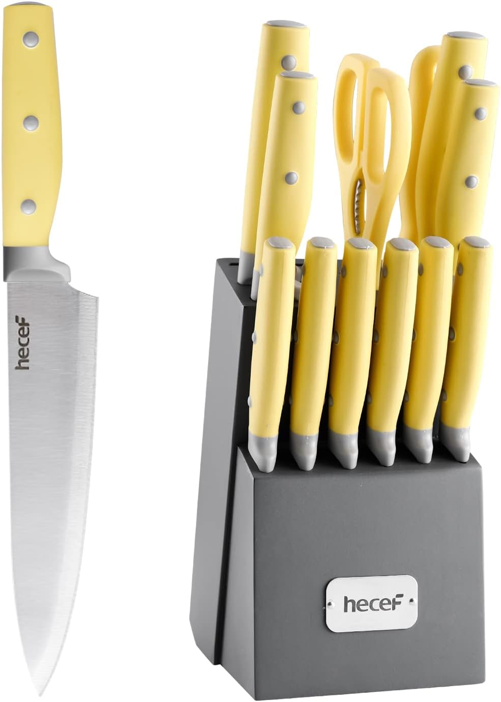 hecef kitchen knife set, 14-piece knife set with wooden block & sharpening steel & multifunctional scissors, high carbon stainless steel cutlery set (yellow)