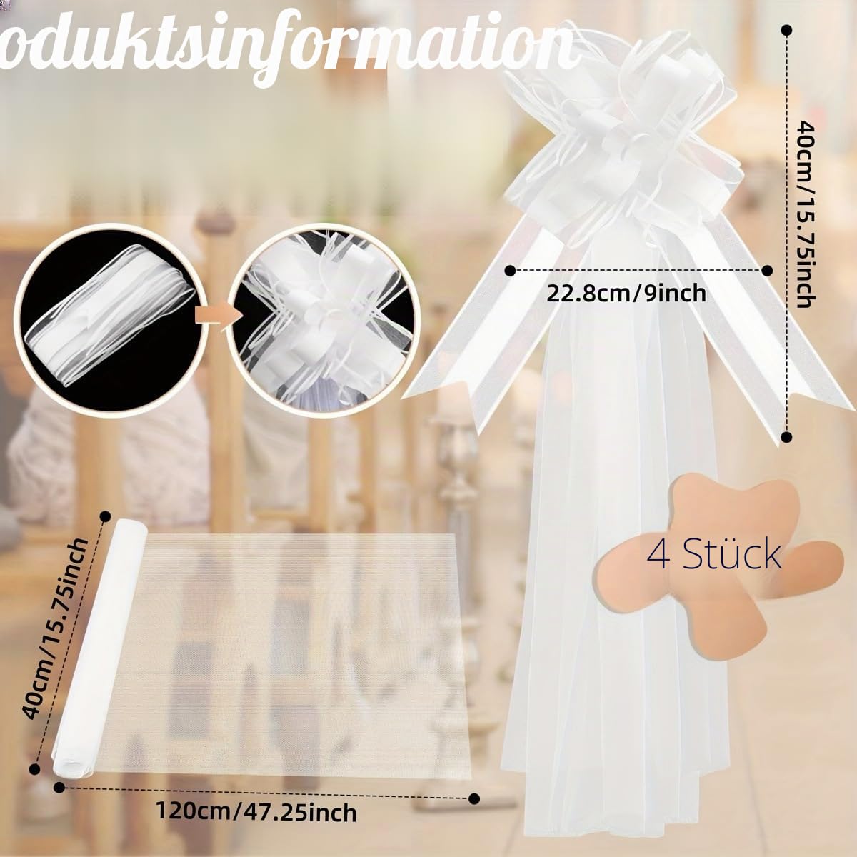 12er-Set Hochzeitsschleifen mit Tüllschwänzen Weiß Lange Stuhlschleifen Tüll Hochzeitsgang Dekorationen Kirchenbänke Geschenkschleife Hochzeitsdeko Autoschleifen Große Schleife für Brautparty